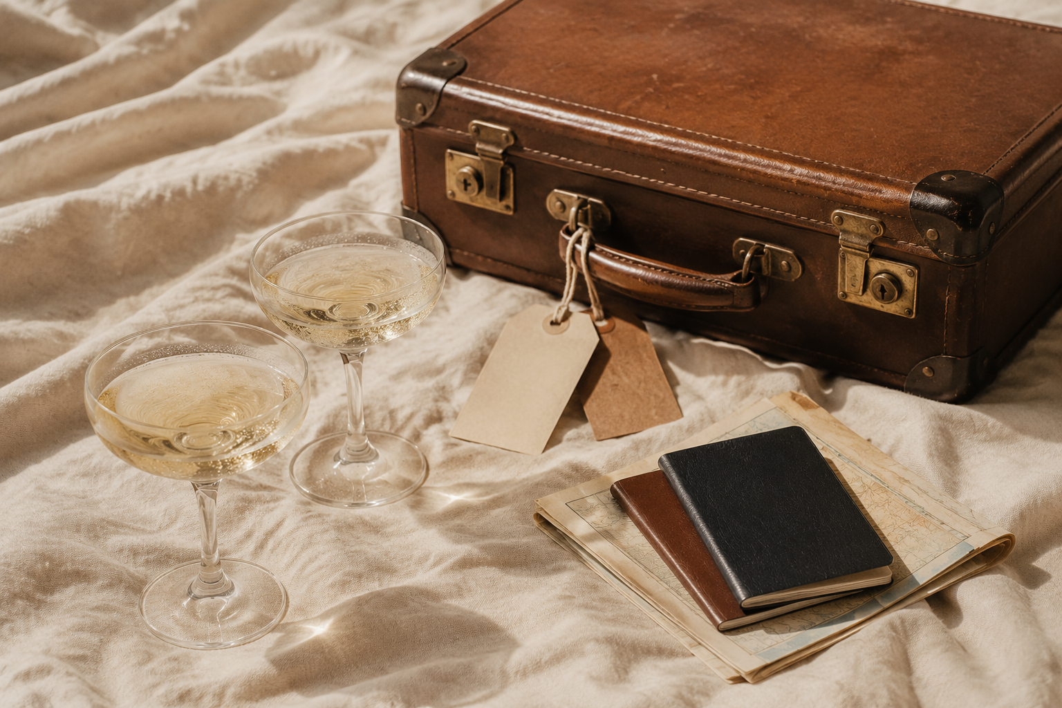 Champagne and travel keepsakes arranged for a romantic honeymoon